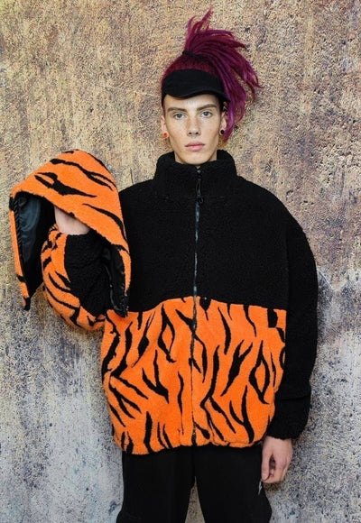 Tattoo fleece hood jacket handmade fluffy zebra bomber black