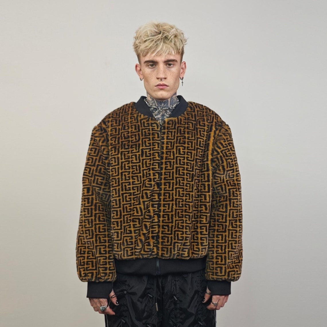 Arabic pattern varsity jacket brown short coat college fleece bomber geometric jacket detachable sleeves zigzag party overcoat festival set