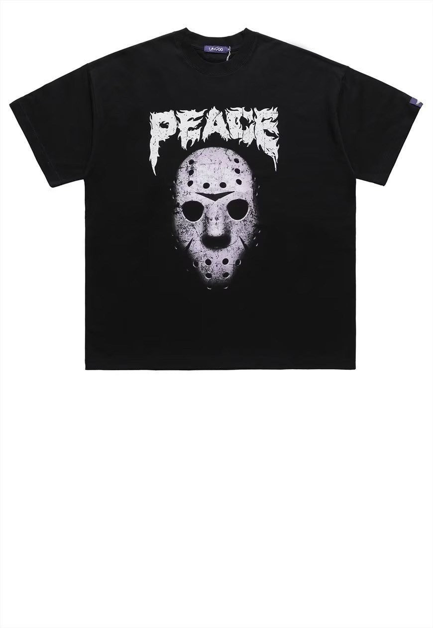 Mask print t-shirt old horror movie tee grunge top in grey