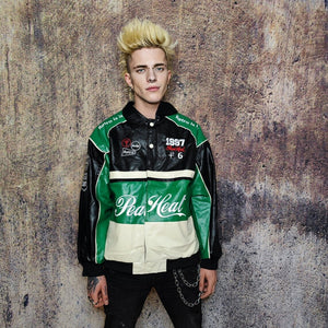 Faux leather racing jacket patchwork motorcycle varsity vintage motor sport jacket F1 letterman bomber premium biker jacket in black green
