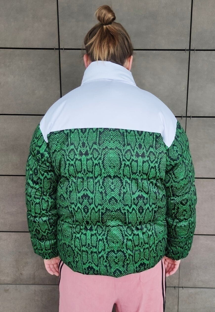 Snake print bomber python puffer jacket in green white