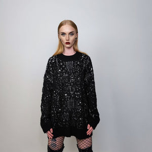 Ripped knitted sweater shredded jumper distressed knitwear top hole punch sweatshirt knit rocker dress in black