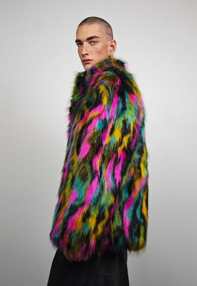 Rainbow faux fur coat parrot fuzzy jacket raised neck trench