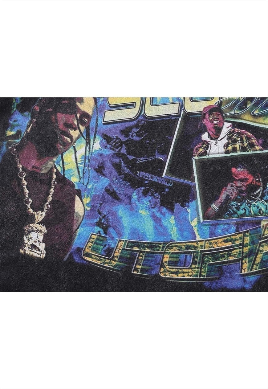 Vintage wash rapper t-shirt retro hip-hop long top acid greyv