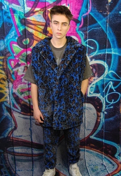 Leopard fleece coat handmade 2in1 tie-dye trench jacket blue