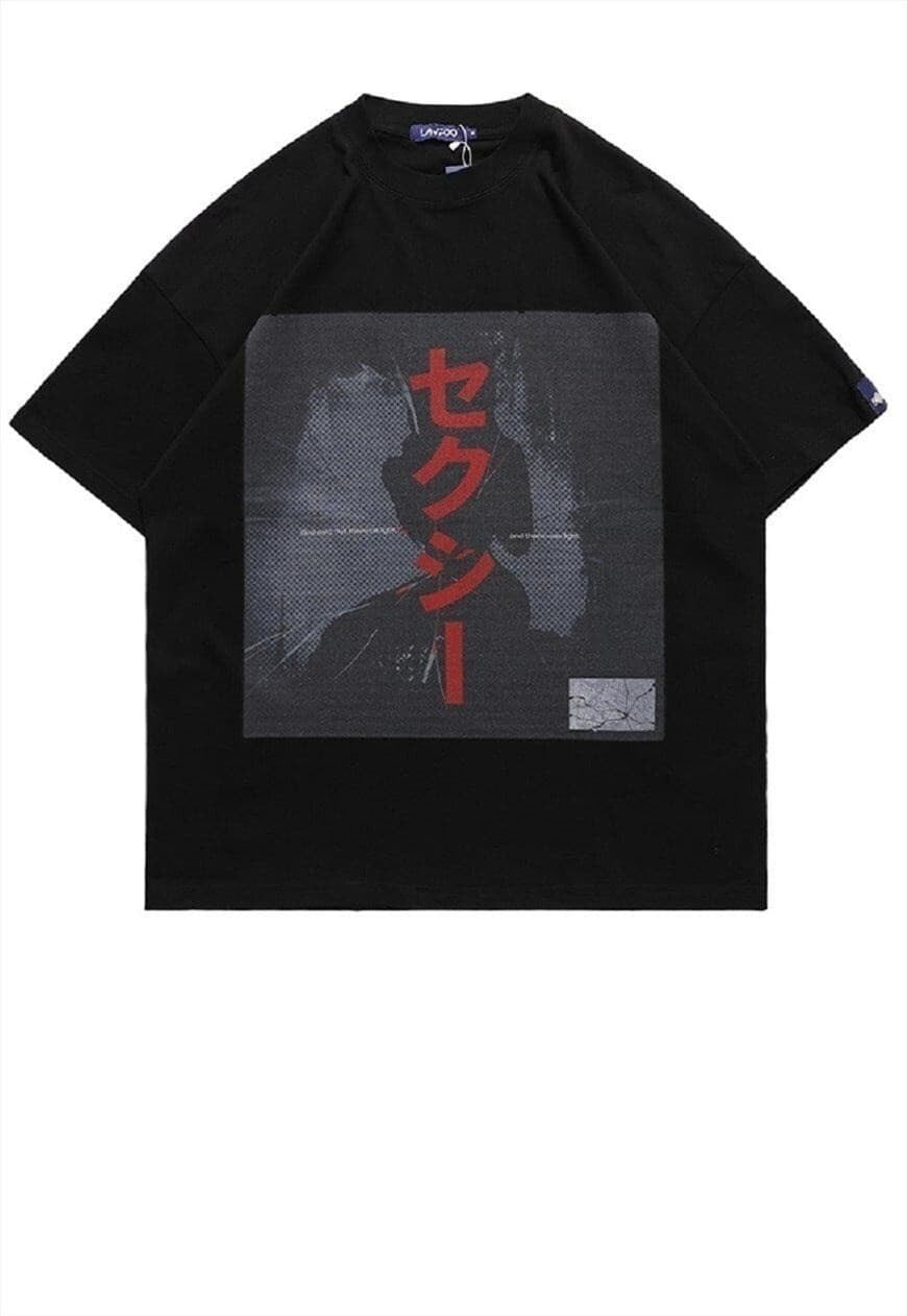 Manga print t-shirt anime silhouette retro tee in Black