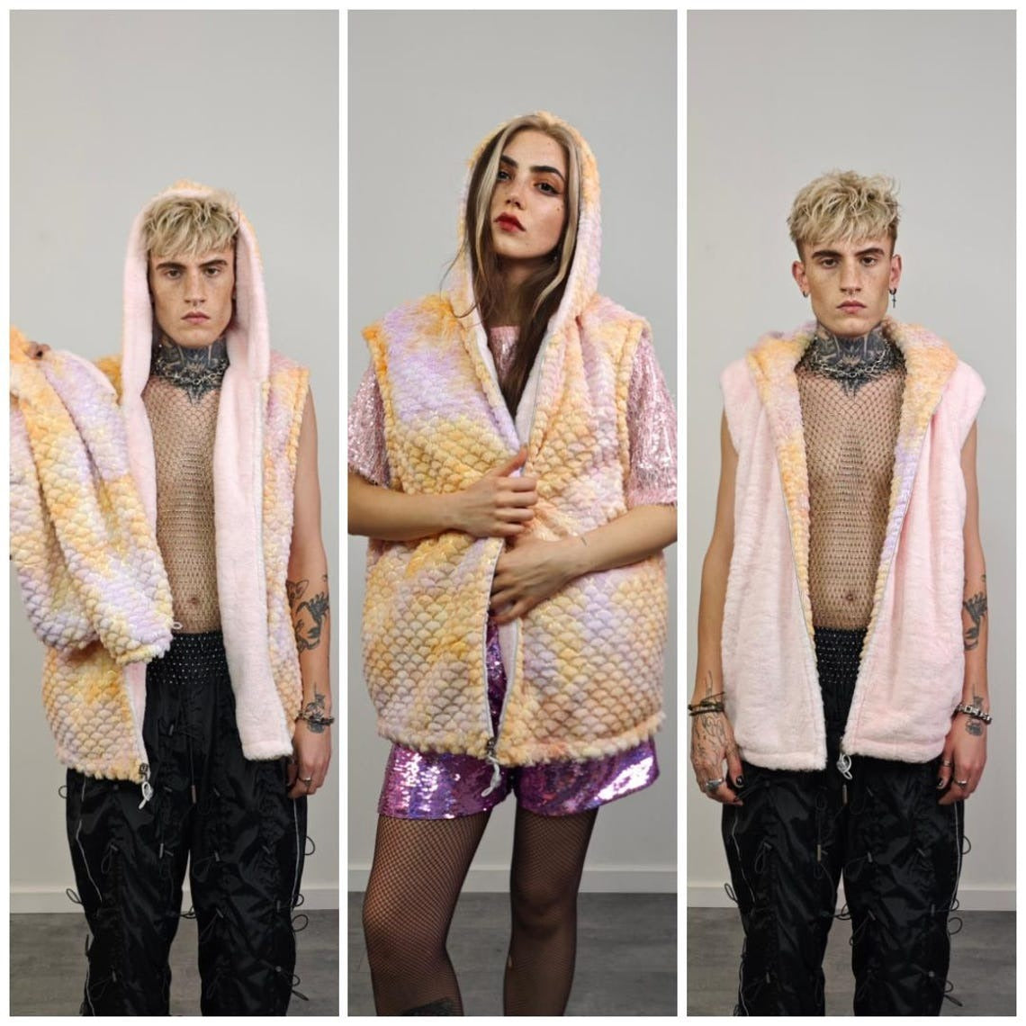 Pastel pink fleece jacket reversible mermaid hood faux fur bomber retro geometric coat burning man overcoat fluffy golden rave festival set