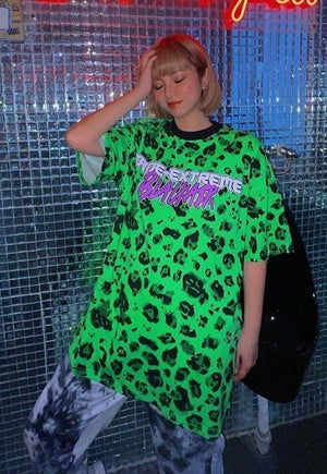 Leopard print tee fluorescent graffiti slogan t-shirt green