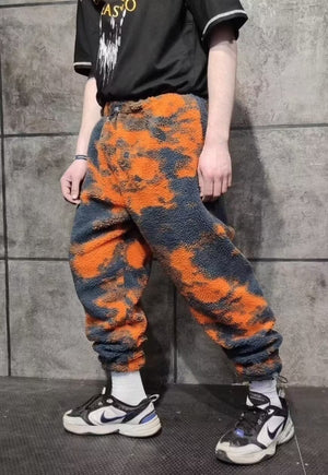 Gradient fleece joggers handmade retro camo overalls orange