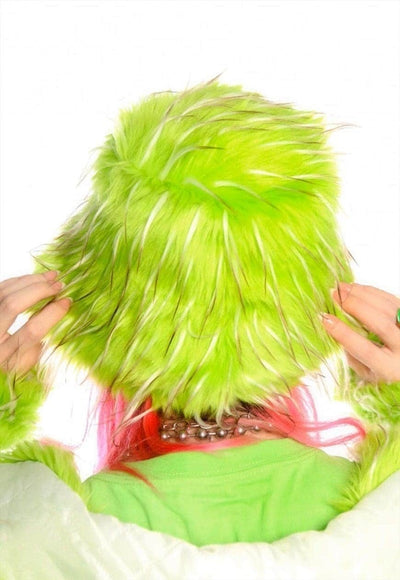 Festival faux fur bucket hat fluffy neon hat rave cap green