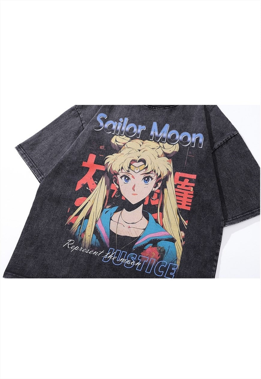 Anime print t-shirt  retro Japanese top grey