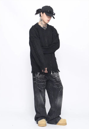 Grunge zip up cardigan black ripped punk jumper y2k knit top