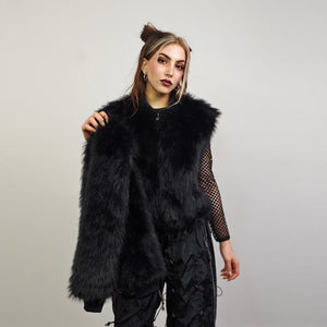 Black faux fur bomber short fluffy college bomber cropped varsity jacket gothic coat fluffy detachable sleeves festival overcoat rave fleece