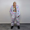 Marshmallow faux fur joggers pastel raver pants fluffy rainbow trousers ski fleece tie-dye overalls festival bottoms burning man pants pink