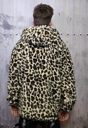 Leopard fleece jacket in cream animal print hooded bomber