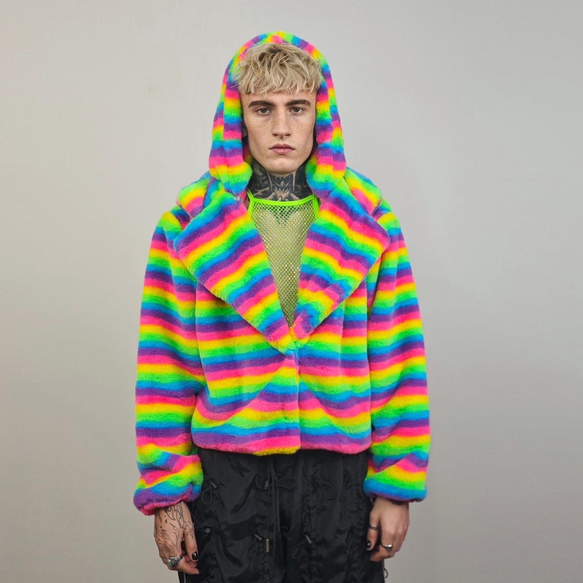 Rainbow hooded coat unicorn fleece striped gay jacket short LGBT rave bomber glitchy burning man outfit festival overcoat carnival trench