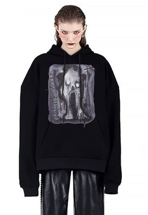 Creepy print hoodie ghost pullover abstract horror top black