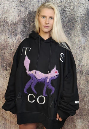 Cow fleece hoodie premium animal pullover punk top in black