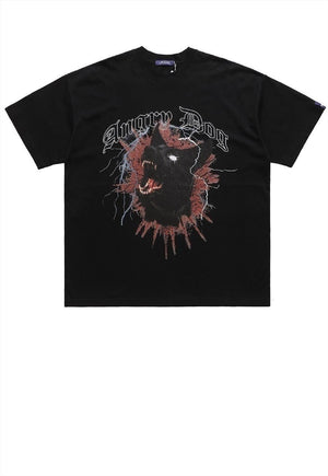 Angry dog print t-shirt grunge animal Gothic tee in white