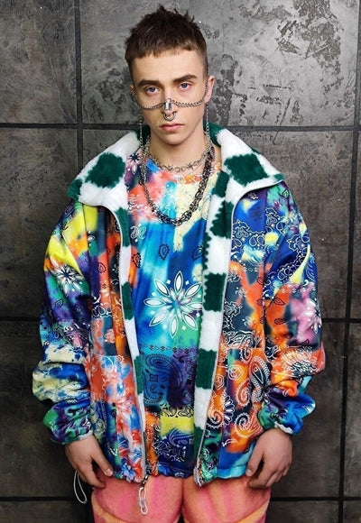 Tie-dye fleece jacket handmade reversible bandanna coat