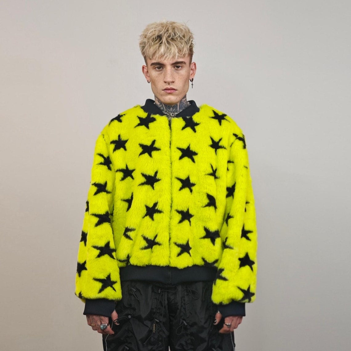 Star print varsity jacket yellow faux fur short coat college fleece bomber geometric jacket detachable sleeves party overcoat festival set