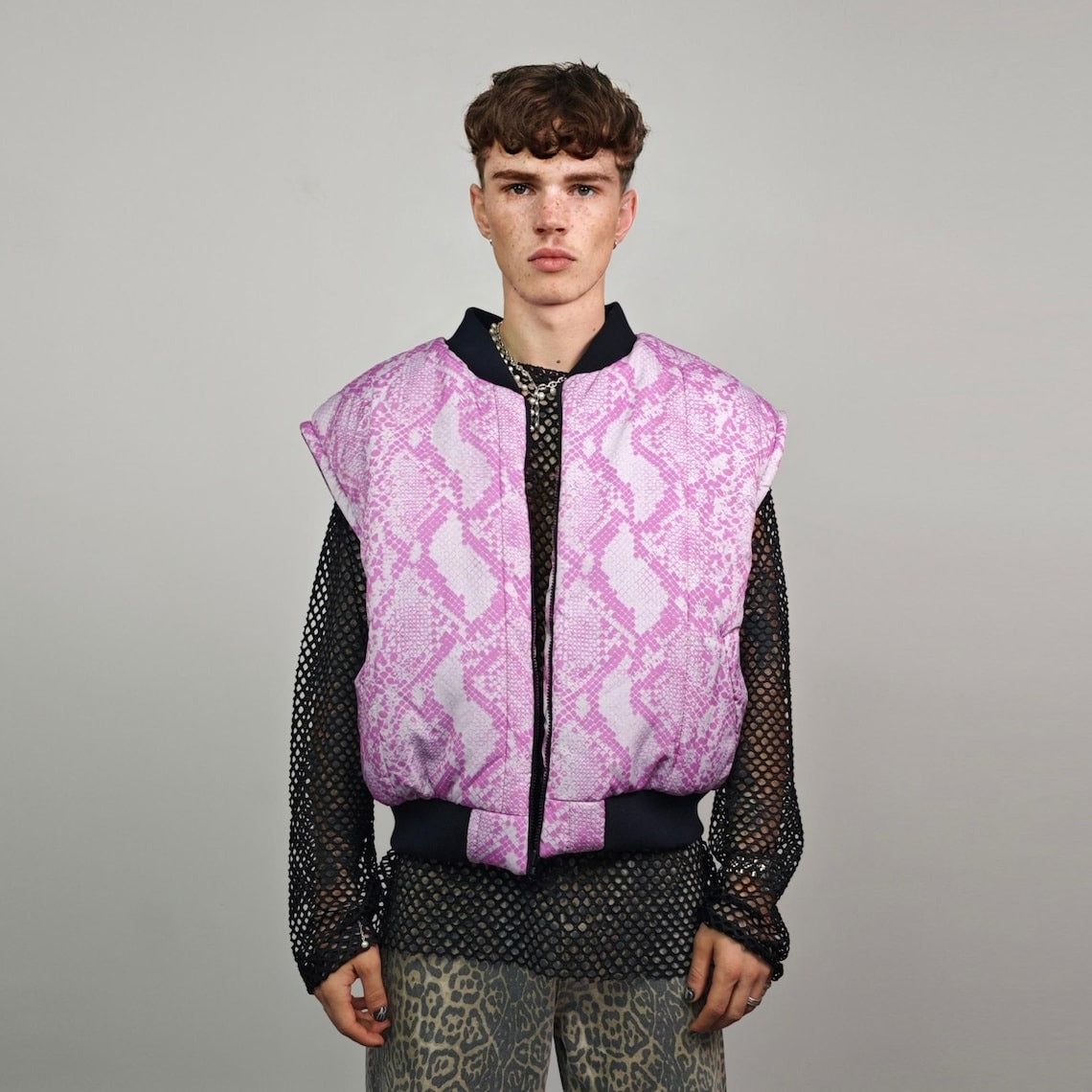 Pink snake bomber python print jacket raver reversible college varsity detachable sleeves handmade crocodile puffer grunge punk rocker coat