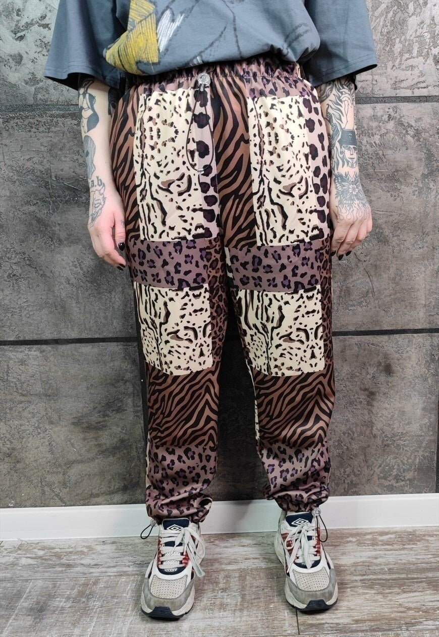 Leopard joggers handmade animal print raver pants in brown