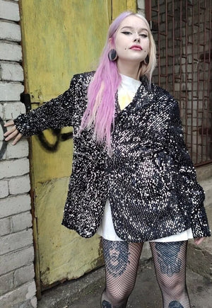 Oversized sparkly blazer sequined luminous shiny jacket grey