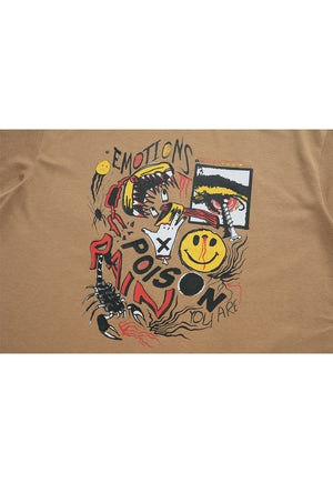 Retro poster t-shirt emoji print tee pain slogan top brown