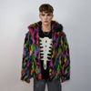 Hooded faux fur striped neon jacket zebra bomber raver puffer fluffy tie-dye fleece festival trench burning man going out overcoat in black