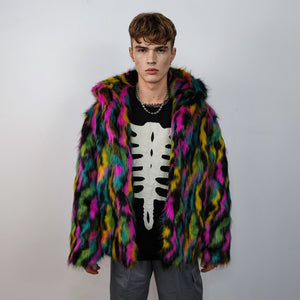 Hooded faux fur striped neon jacket zebra bomber raver puffer fluffy tie-dye fleece festival trench burning man going out overcoat in black