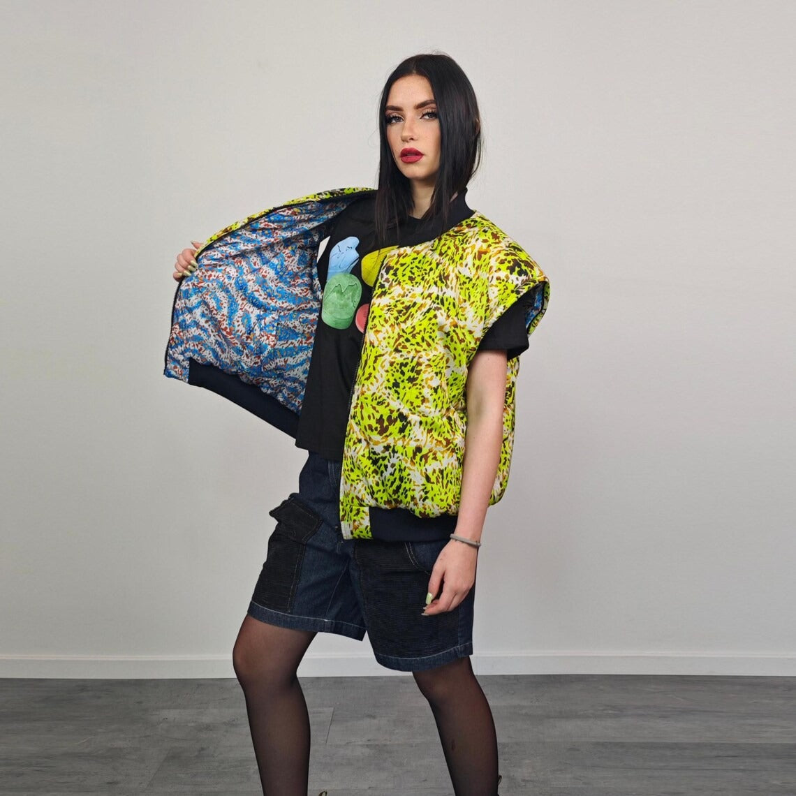 Neon leopard bomber animal print jacket fluorescent reversible college varsity detachable sleeves handmade rave puffer cyber festival coat