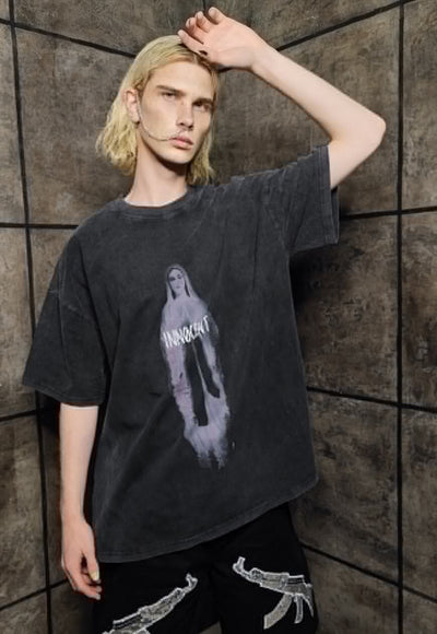 Gothic t-shirt premium vintage wash grunge tee in acid grey