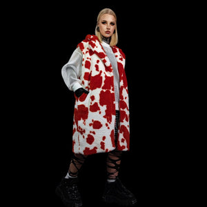 Cow print faux fur long coat hooded spot print trench rave bomber detachable fleece festival removable sleeves burning man jacket red white