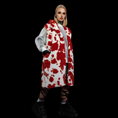 Cow print faux fur long coat hooded spot print trench rave bomber detachable fleece festival removable sleeves burning man jacket red white