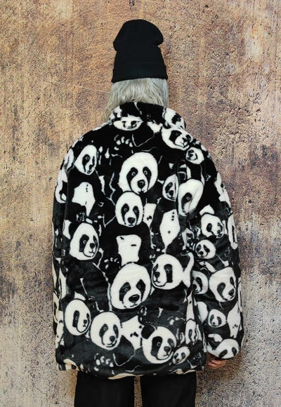 Panda fleece jacket animal print fluffy retro bomber black