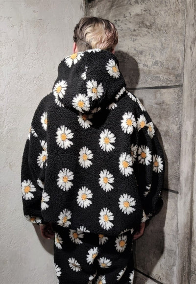 Daisy print fleece jacket handmade sunflower bomber in black