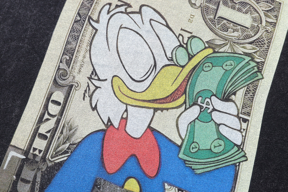 Greedy duck t-shirt money print tee classic cartoon top in vintage grey