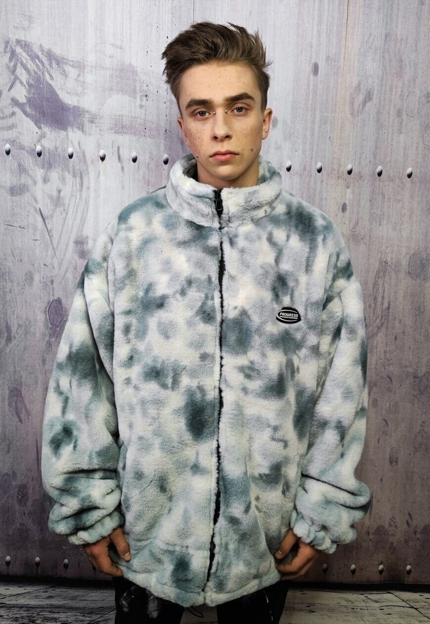 Tie-dye fleece jacket in blue gradient sky print bomber