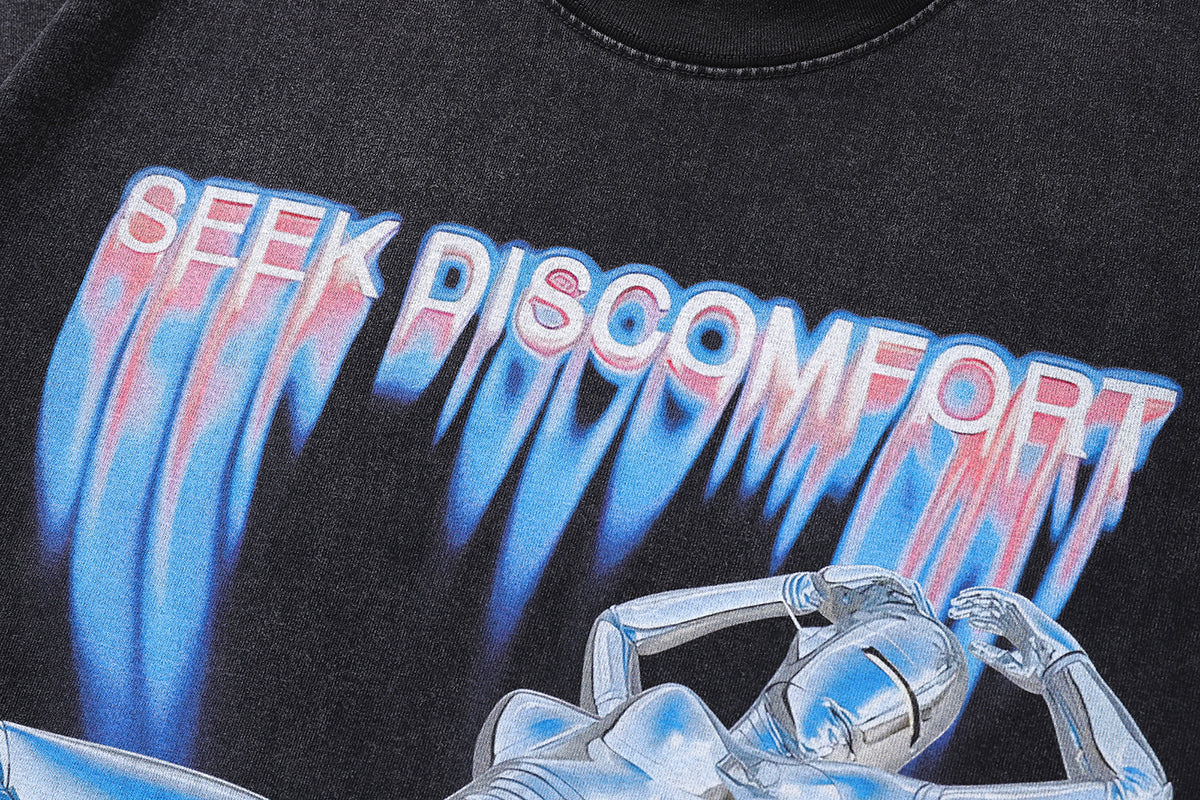 Cyberpunk t-shirt robot print tee psychedelic machine print top in vintage grey