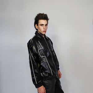 Faux leather motorcycle jacket contrast stitching biker jacket premium rocker varsity 80s racing college bomber in black