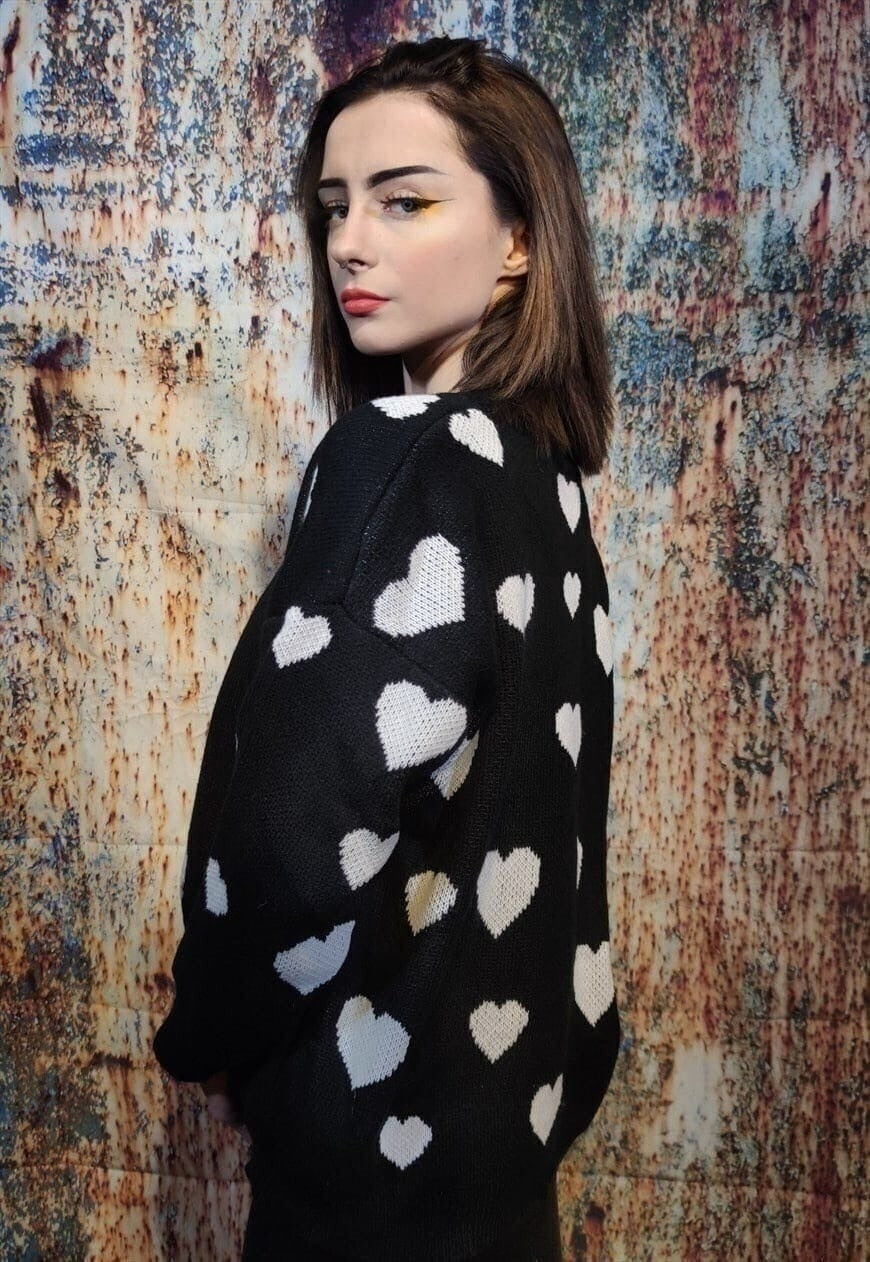 Heart knitwear sweater love knitted jumper in black white