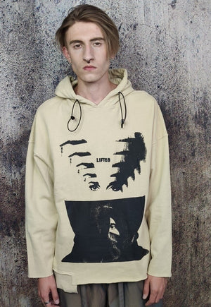 Unusual stitching hoodie Creepy eye punk pullover in cream