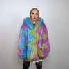 Hooded rainbow faux fur jacket unicorn bomber neon raver puffer fluffy tie-dye fleece psychedelic festival coat burning man going out trench