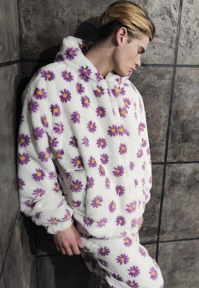 Daisy fleece bomber handmade retro floral track jacket white