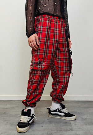 Punk trousers red check tartan pants utility plaid joggers