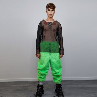 Neon faux fur joggers winter raver pants fluffy skiing trousers mountain fleece overalls festival bottoms burning man pants in green