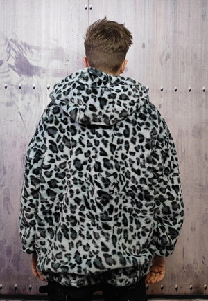 Leopard fleece jacket in grey animal print hooded bomber