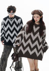 Striped sweater zigzag jumper knitted mesh top in brown