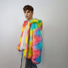 Hooded rainbow fur jacket unicorn bomber neon raver puffer fluffy tie-dye fleece psychedelic festival coat burning man party trench orange